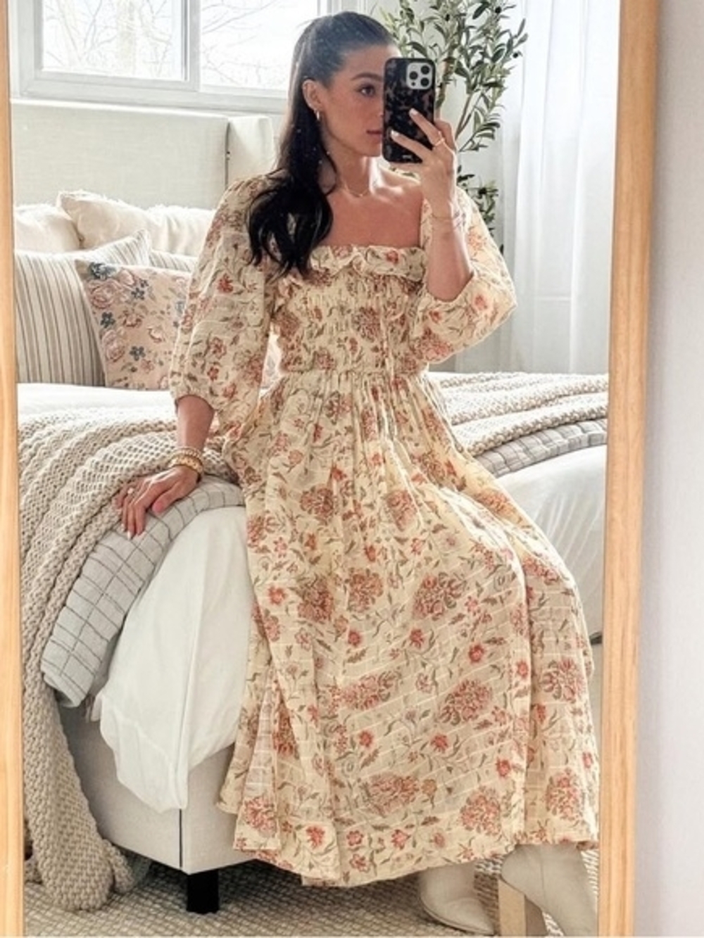 Free People Cream Floral Puff-Sleeve Maxi Dress